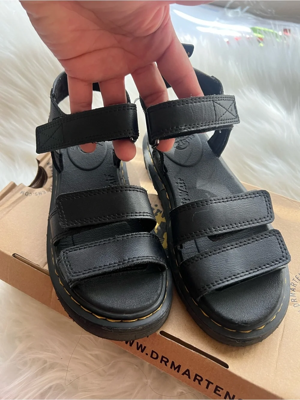 Dr. Martens Kids Black Triple-Strap Vegan Sandals with Yellow Stitching